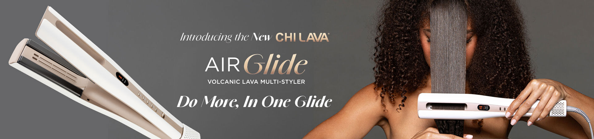 Woman with curly hair holding CHI Lava hair styling tool. Text promotes new product with advanced technology and natural minerals for healthier hair.