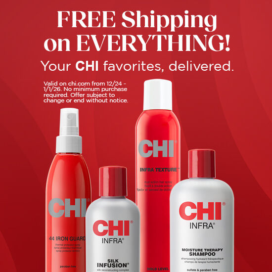 CHI free shipping promotion banner featuring Infra haircare products. Valid 12/24 - 1/1/26, no minimum purchase