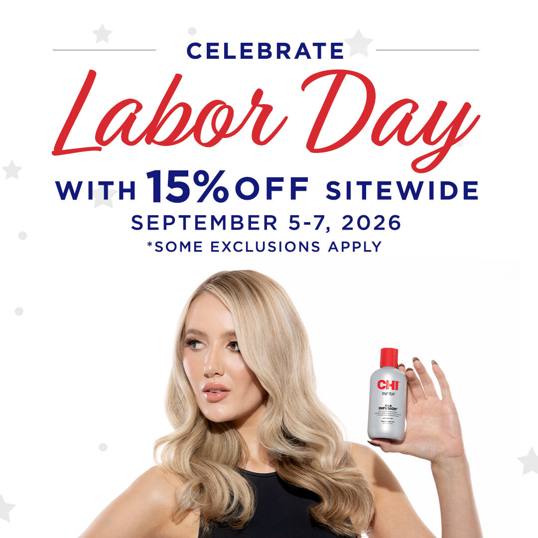 Celebrate Labor Day with 15% off sitewide, September 5-7, 2026. Some exclusions apply. Woman holding CHI Infra Silk Infusion product.