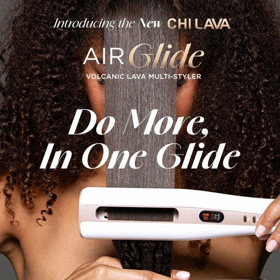 Woman with brunette wavy hair holding CHI Lava hair styling tool. Text promotes new product with advanced technology and natural minerals for healthier hair.