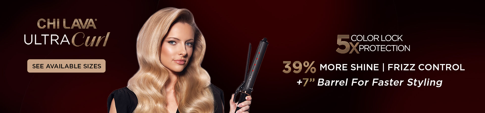 Woman with wavy blonde hair holding CHI Lava hair styling tool. Text promotes new product with advanced technology and natural minerals for healthier hair.