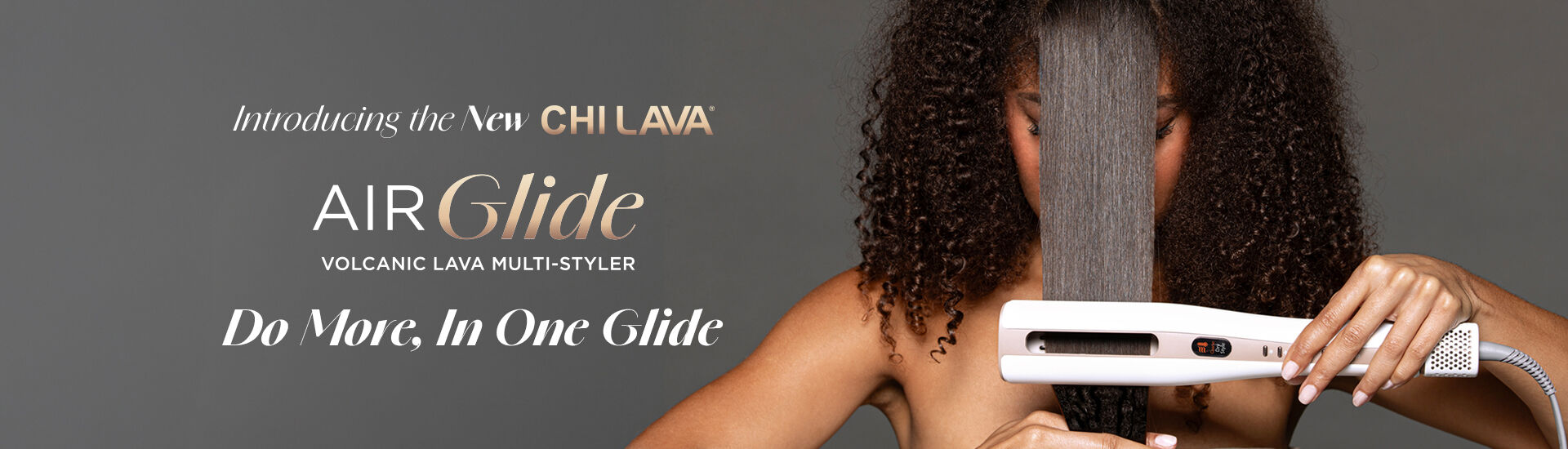 Woman with curly hair holding CHI Lava hair styling tool. Text promotes new product with advanced technology and natural minerals for healthier hair.