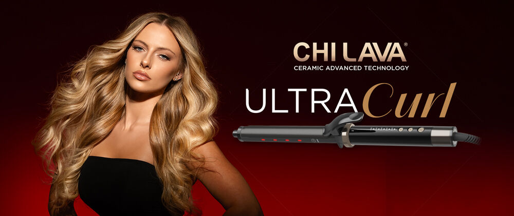 Woman with wavy blonde hair beside CHI Lava hair styling tool. Text promotes new product with advanced technology and natural minerals for healthier hair.