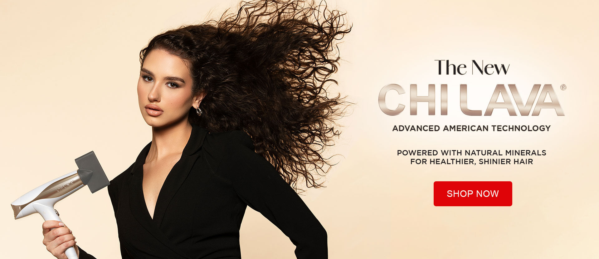 Woman with brunette wavy hair holding CHI Lava hair styling tool. Text promotes new product with advanced technology and natural minerals for healthier hair.