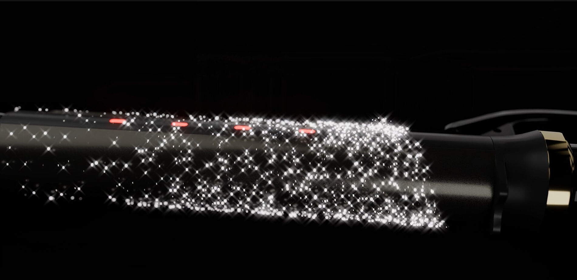 CHI Lava Ultra Curl barrel emitting ions, shown as sparkling particles, for frizz control