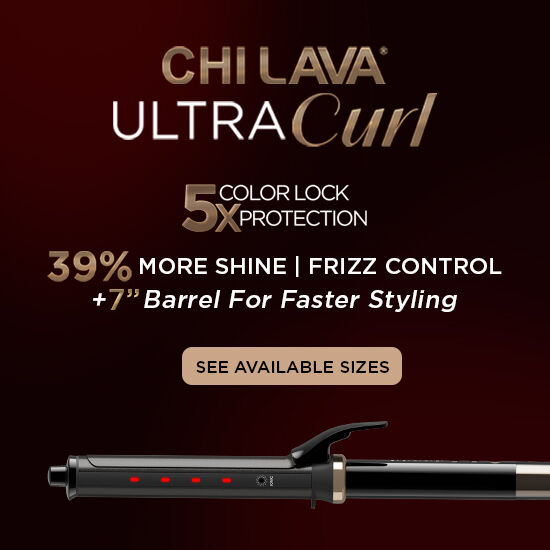 Woman with wavy blonde hair holding CHI Lava hair styling tool. Text promotes new product with advanced technology and natural minerals for healthier hair.