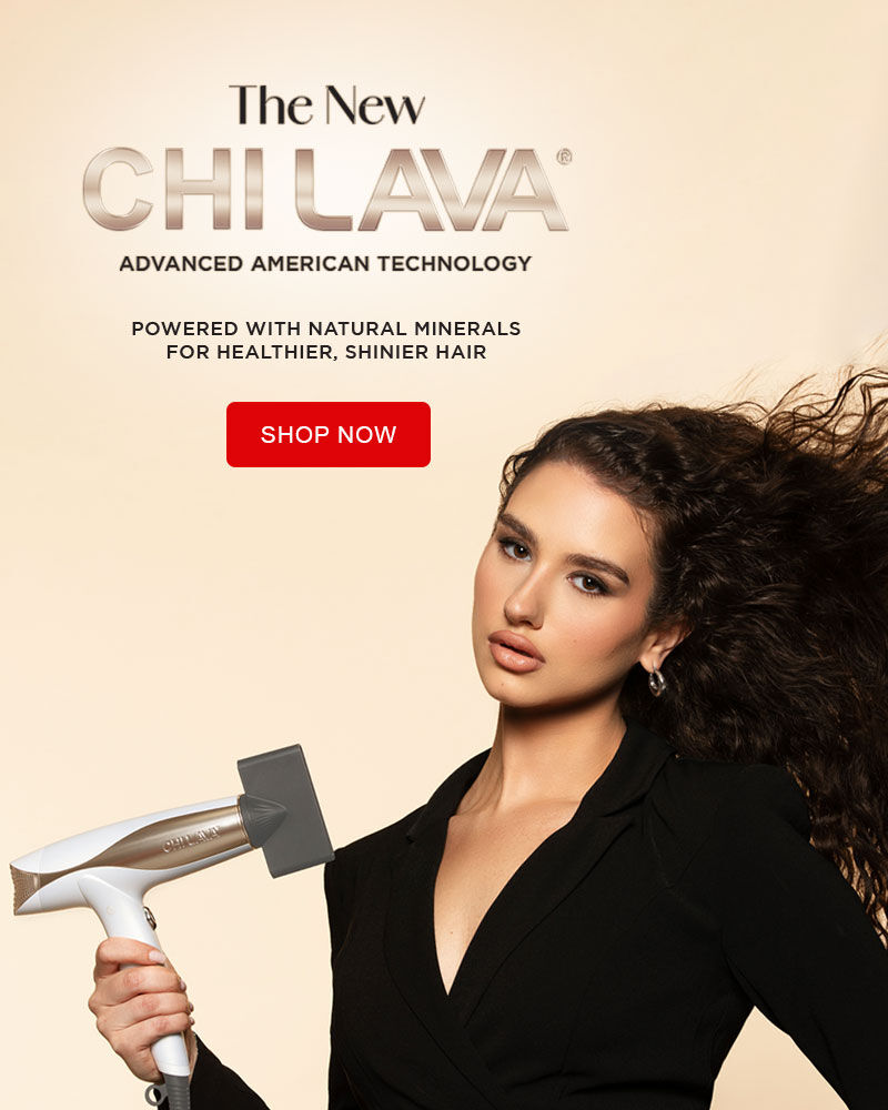 Woman with blonde wavy hair holding CHI Lava hair styling tool. Text promotes new product with advanced technology and natural minerals for healthier hair.