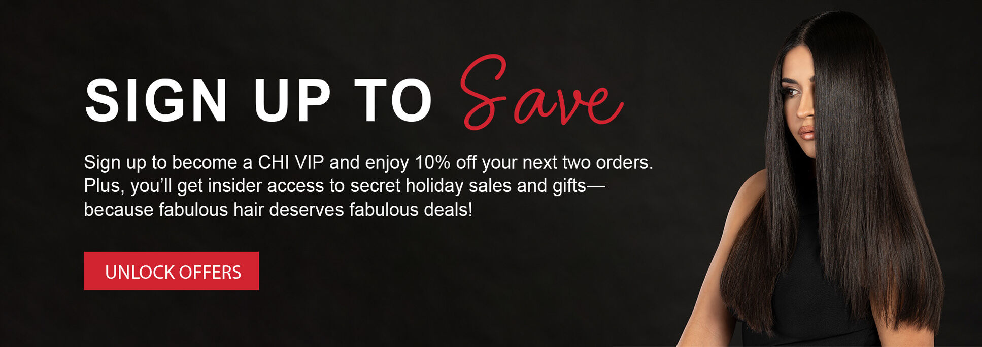 Larger banner reads "SIGN UP TO SAVE" in large letters. The promotion says "sign up and enjoy 10% off your next two orders". A large red button reads "UNLOCK OFFERS".