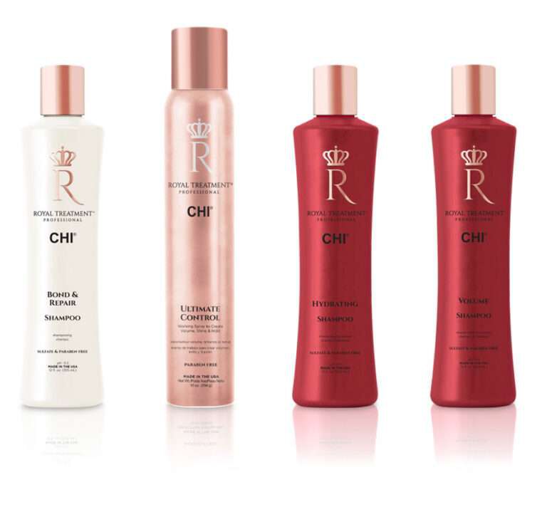 Image of four Royal Treatment products. The products are Bond & Repair Shampoo, Ultimate Control, Hydrating Shampoo, and Volume Shampoo.