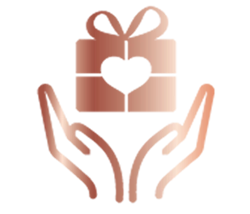 Pink logo of two open hands with a square gift hovering above the hands. The gift has a heart in the middle and a bow on top.